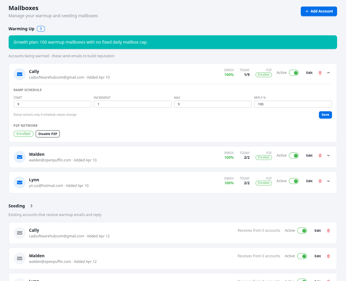 Mailbox list showing connected inboxes, warmup status, and current health indicators.