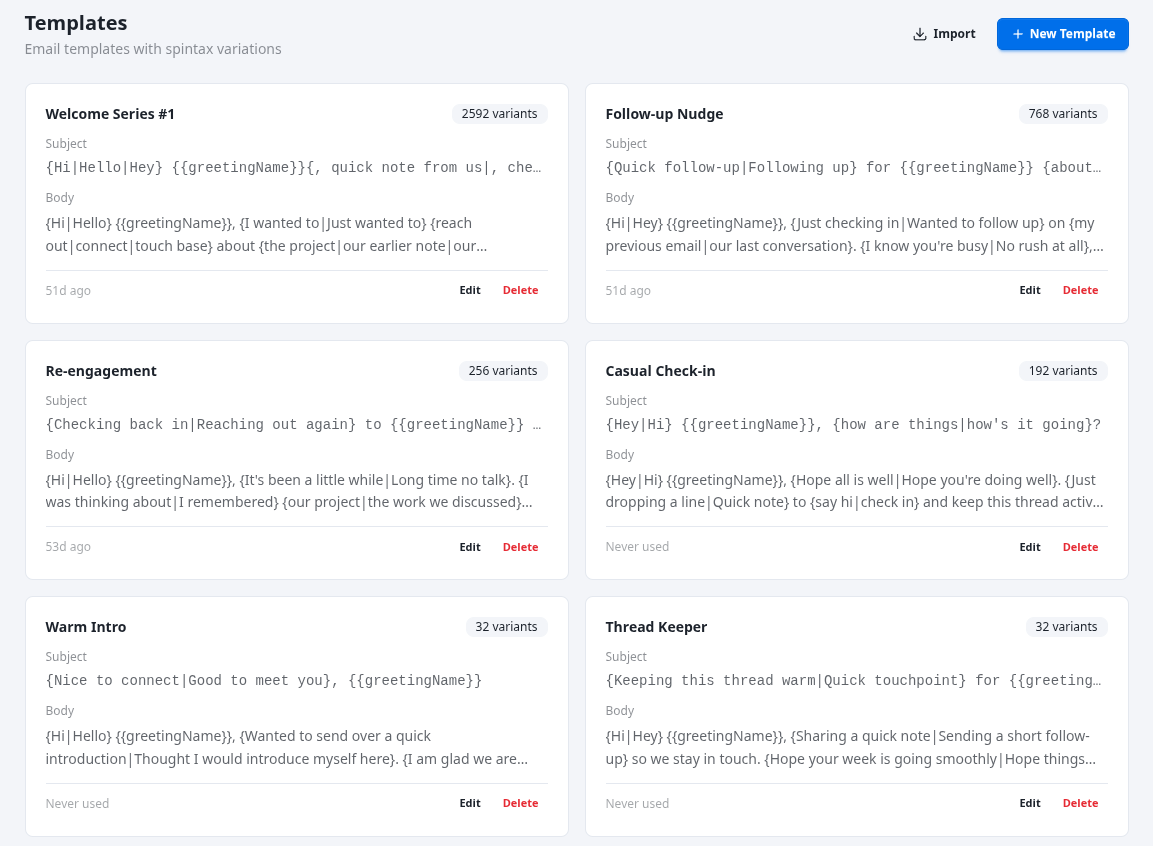 Template editor with spintax message variations for warmup emails.